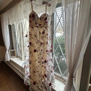 Off-White (with Red and light pink floral accents) sweetheart neck long dress